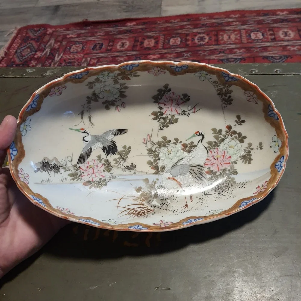 Antique Vintage Hand Painted Chinese Porcelain Bowl / Dish Cranes Flowers Signed